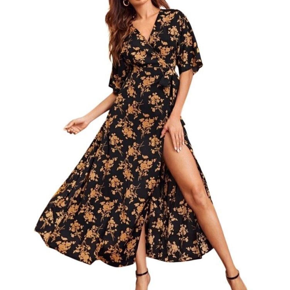 Black and Gold Wrap Maxi Dress Medium